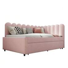 L-Shaped Upholstered Bed, 140x200 Cm Sofa Bed With Floral Backrest And Pull-Out Bed In Beige Velvet Fabric - Pink - View 1