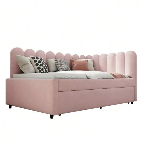 L-Shaped Upholstered Bed, 140x200 Cm Sofa Bed With Floral Backrest And Pull-Out Bed In Beige Velvet Fabric - Pink - View 1