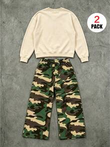 2pcs/Set Boys Street Style Casual Outfit, Fish Pattern Crew Neck Long Sleeve Sweatshirt + Camouflage Wide Leg Pants, Autumn/Winter - Multicolor - View 2