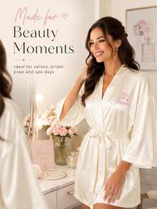 2pcs Customized Personalized Pajama Set Or Robe - Satin Bridal And Bridesmaid Robes, Comfortable Loungewear, Customized Name Wedding Robes, Embroidered Design, Exclusive Bridesmaid Attire, Personalized Satin Robe, Customized Bridal Gown, Lace Trim Robe - Multicolor - View 3