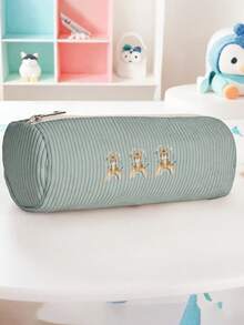 1pc Cute Little Animals Print Corduroy Cylindrical Zipper Pencil Case, Large Capacity, For Students Stationery Makeup Brushes School Daily Use Travel - Multicolor - View 9