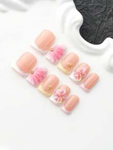 10pcs Handmade Press On Nails, Short Square Nude Pink Fake Nails With 3D Flower Nail Charms, Y2K Nails, Gold Star Decor, Faux Ongle, Handmade Nails, Nail Stickers, Reusable Removable Square Press On Nails, Tool Kit Included, Party Daily Wear Gift For - Multicolor - View 3
