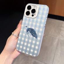 HANCAI 1pc Blue & White Plaid Ink Wash Sea Turtle Print Phone Case, Large Window Lens Frame Full Coverage Transparent Soft Shell, Suitable For IPhone17/17Pro/17ProMax/16/16Plus/16ProMax/16e/15ProMax/11/12/12Pro/12ProMax/13/13Pro/13ProMax/14/14Pro/14ProMax, Ins Fresh Ocean Style Anti-Drop Phone Protective Cover - White Frame, Sand White - View 3