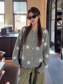 Grey Star Pattern Lapel Collar Sweater Cardigan Women's New Winter Thickened Loose Casual Knit Top - Grey - View 4