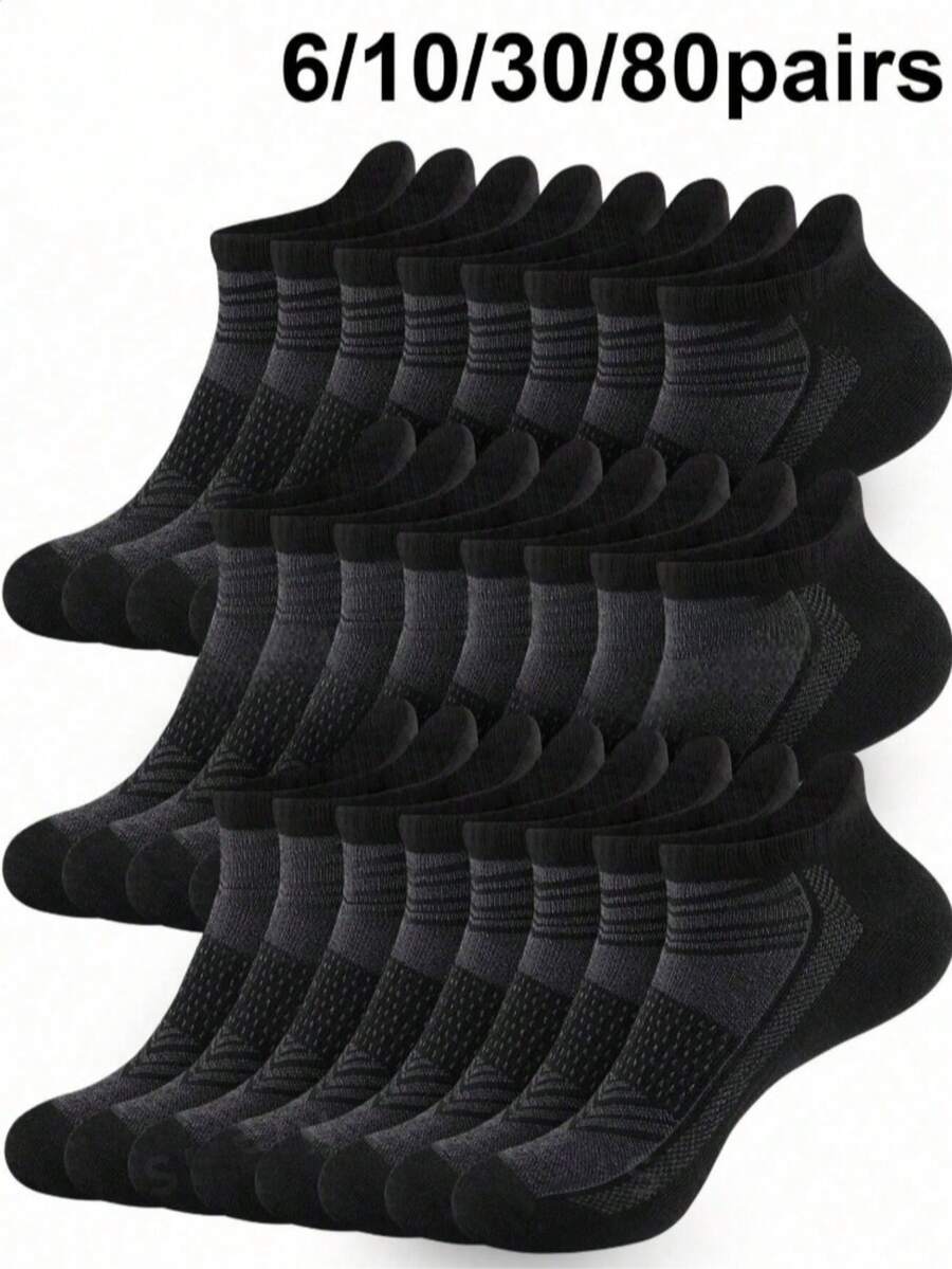 6/10/30/80 Pairs Men's Short Socks, M And L Sizes, Soft Low-Cut, Non-Slip, With Small Pull Tab - Black - View 1