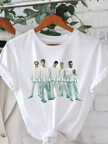 Plus Size Short Sleeve Round Neck Knit T-Shirt, Printed With Millennium Pattern, Suitable For Daily Wear - White - View 1