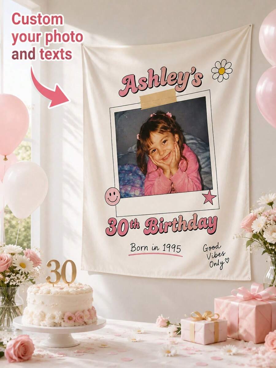 1pc Vintage Birthday Tapestry Wall Decor, Personalized Photo Backdrop, Customized Vintage Fabric Banner, Birthday Party Decoration, Celebration Wall Hanging, Room Decor, Customized Photo Gift, Personalized Keepsake - Multicolor - View 1