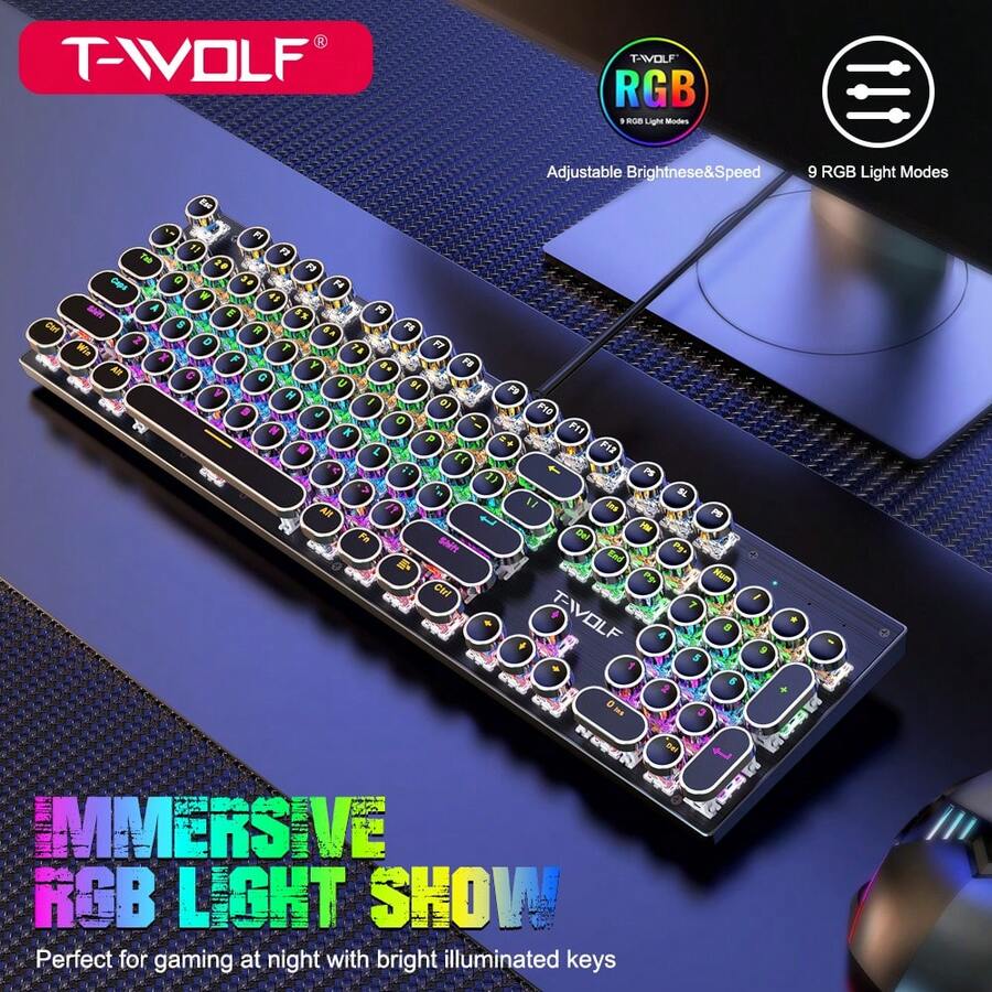 T-WOLF Keyboard Mekanik Blue Switch Gaming RGB Backlit Punk Round Keycaps Metal Panel 104 Tombol - View 1