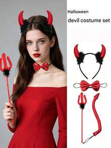 Halloween Devil Costume Set Red Horn Headband Glasses Cane Tail Full Set For Masquerade Carnival Couple Party COS Rave Dance Props (Due To Lighting, Color Difference May Occur, Cane Stick Color Is Random) - Multicolor - View 2