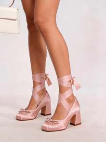 Women's Ballet High Heels Mary Janes Elegant Satin Lace Up Ballerina Chunky Heels Bow Knot Sweet Cute Party Date Versatile Shoes For Women - 杏色 - 查看 5