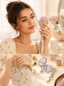 1pc Floral Portable Double-Sided Folding Makeup Mirror, Daily Makeup Mirror With Lanyard Keychain, Mini Pocket Mirror, Multi-Color Compact Mirror For Commuting, Business Trip, Travel, Anti-Drop Shell Magnifying Mirror, Can Be Hung On Bag - Multicolor - View 4