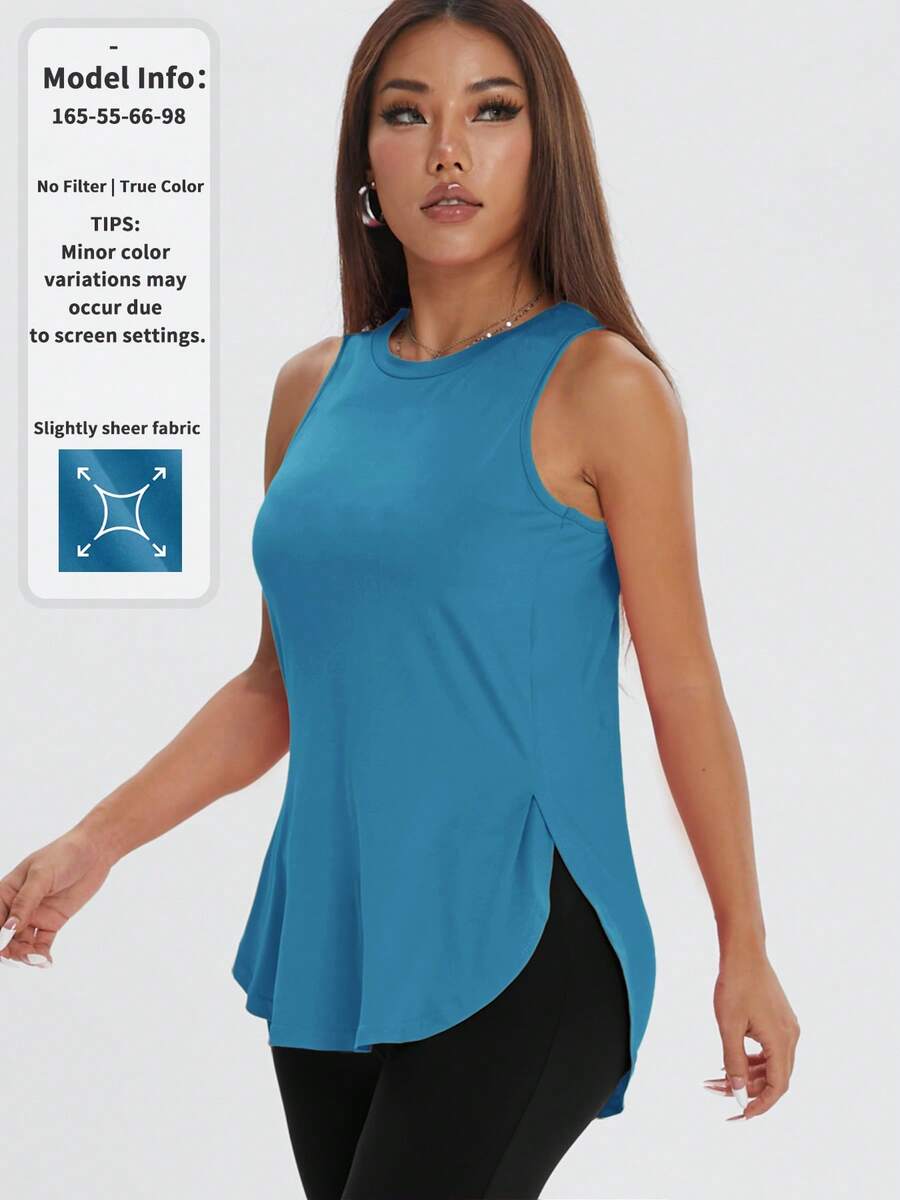 Atasan Olahraga Wanita Kasual Longgar Tanpa Lengan, Belahan Samping, Warna Polos, Nyaman untuk Berolahraga, Musim Semi/Panas - Aqua Biru - View 1