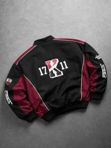 Matte Black American Racing Style Stand Collar Baseball Jacket, Burgundy Contrast Color Racing Letter Print Stand Collar Baseball Jacket, Niche American Hip-Hop High Street Jacket, Racing Element All-Over Print Baseball Windbreaker, Slim Fit Slightly Loose For Men - black red - View 2