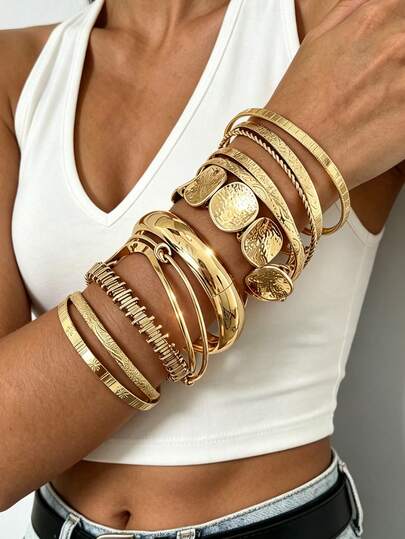 12/7/5pcs Vintage Elegant Casual Style Knotted Rhombus Pattern Gold Bracelet Set, Suitable For Women's Daily Wear, Party, Wedding, Vacation And Gift Giving