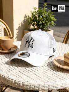 New Era Adjustable NY Logo Baseball Cap, White With Pattern Embroidery, Street Fashion Unisex Headwear - White - View 4