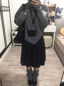 Korean Style Asymmetrical Design Loose Niche Cape High Neck Star Knit Sweater Pullover Top For Women, Autumn/Winter - Grey - View 3