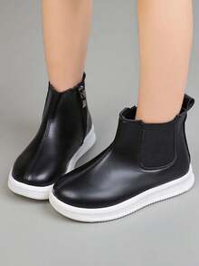 Children's Chelsea Ankle Boots, Unisex Simple High-Top Boots With Side Zipper, Non-Slip Wear-Resistant Casual Ankle Boots - Black - View 2