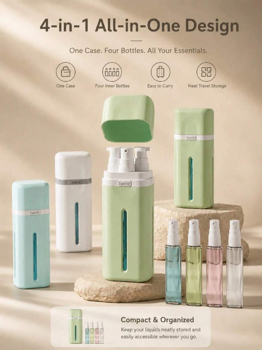 Multifunctional 4-In-1 Travel Dispenser Bottle Set, Multi-Compartment Design, Portable Leak-Proof Container, Suitable For Camping, Business Trips, Fitness And Outdoor Activities, Compact Refillable Water Bottles - Multicolor - View 1