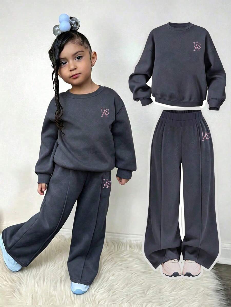 Young Girl Letter Print Crew Neck Long Sleeve Top And Flared Pants - Dark Grey - View 1