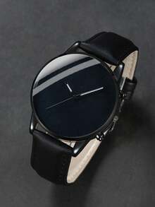 2pcs Minimalist Men's Quartz Watch And Her King Engraved Chain Bracelet Set, Pure Black Dial Leather Strap Watch, Men's Daily Decorative Jewelry - Multicolor - View 4