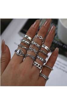 14pcs/Set Personalized Vintage Yin Yang Tai Chi Elephant Geometric Feather Leaf Rings - Tai Chi Elephant Geometric Feather Leaf Ring 14-piece Set - View 7