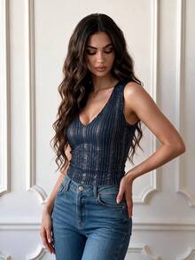 VINOVA Women's Sequin V-Neck Sleeveless Top, Elegant Slim Fit Waist Camisole, Suitable For Spring/Summer, Party, Evening Date, Nightclub - Navy Blue - View 1