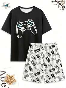 Men's Summer New Pajama Set, Comfortable Round Neck Cool Game Console Print Short Sleeve & Shorts 2 Pieces Set, Lazy Comfortable Casual Homewear Outfit - Multicolor - View 1