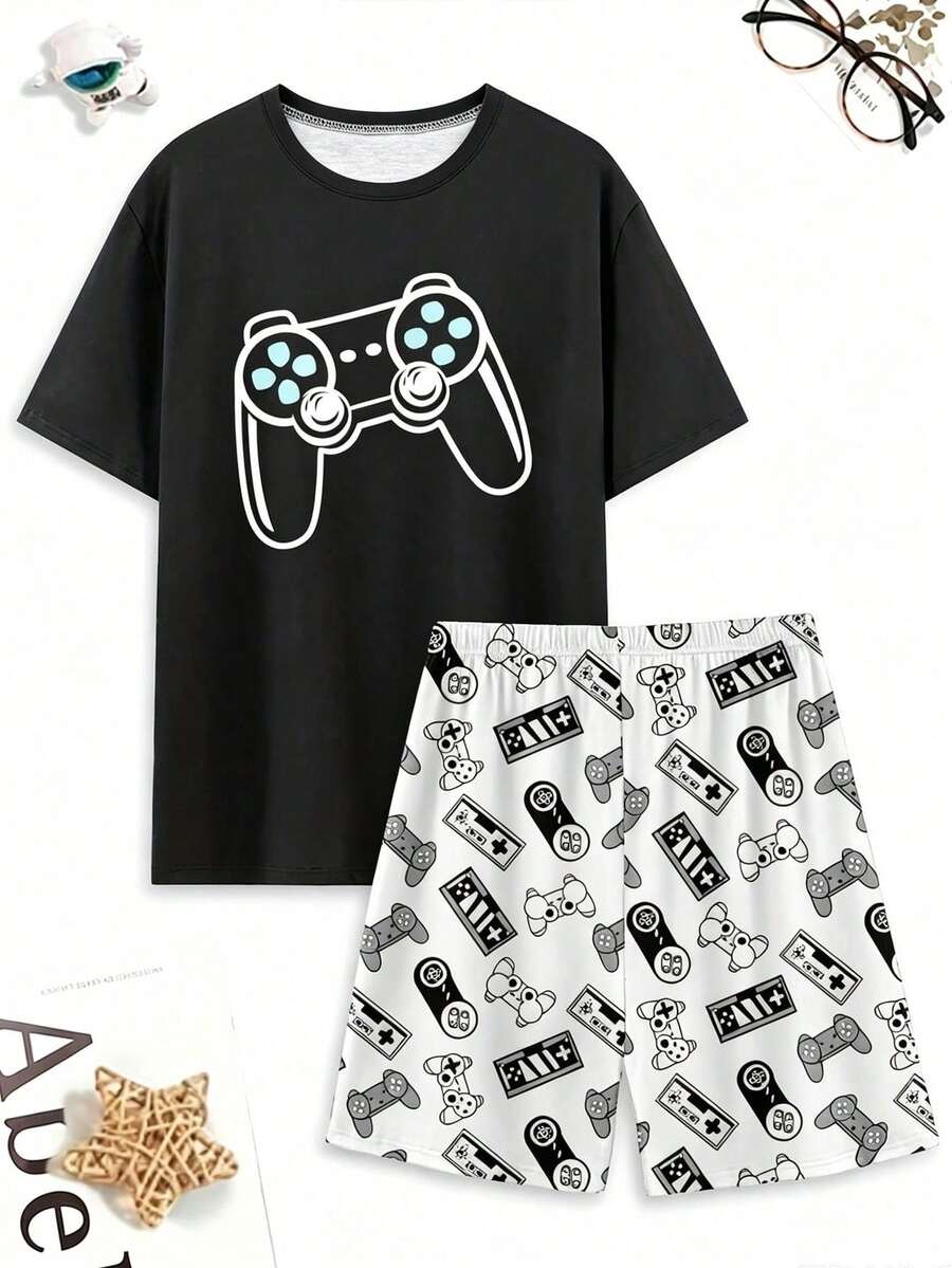 Men's Summer New Pajama Set, Comfortable Round Neck Cool Game Console Print Short Sleeve & Shorts 2 Pieces Set, Lazy Comfortable Casual Homewear Outfit - Multicolor - View 1