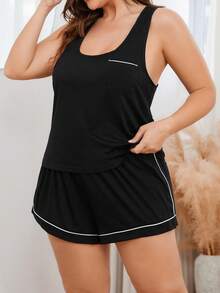Plus Size Women's Summer Loose Casual Sports Tank Top + Shorts 2 Pieces Set Loungewear - Black - View 6