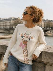 Women's Cute Giraffe Print Ribbed Knit Pullover Sweater, Long Sleeve, Regular Fit, Medium Stretch, Ideal For Autumn/Winter Fall - Apricot - View 5
