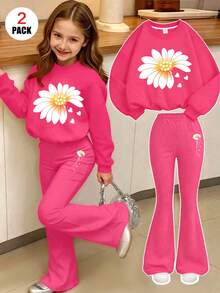 2 Pieces Set Girls' Flower Print Crewneck Long-Sleeve Sweatshirt And Flare Pants, Fashionable And Casual, Suitable For Autumn And Winter - Hot Pink - View 2
