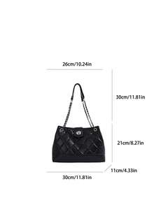 Tas Tote Rantai Quilted Hitam untuk Wanita, Tas Komuter Kapasitas Besar Terbaru, Tas Selempang Bahu dengan Gesper Kunci Vintage - Hitam - View 10
