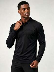 1pc Men's Spring/Autumn Long Sleeve Polo Shirt, Slim Fit Collared Top, Suitable For Sports, Outdoor, Business And Daily Commute - Black - View 4