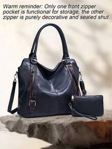 Ladies' Portable Tote Bag Large Capacity Soft Leather Shoulder Bag Classic Solid Color Letter Bag With Adjustable And Detachable Shoulder Strap - Blue - View 5