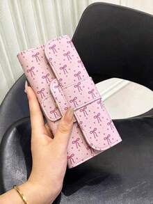 女款時尚PU皮革蝴蝶結印花手拿包 卡夾現金錢包 極簡防盜三折翻蓋信用卡夾 大容量多卡槽錢包 - 粉色 - 查看 1