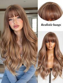 24 Inch Linen Brown Fringe Long Curly Synthetic Heat-Resistant Fiber Wig For Women's Daily Party Birthday Christmas Wear - Multicolor - View 2