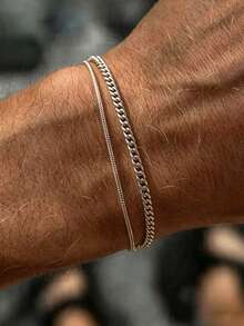 2pcs/Set Stainless Steel Silver Minimalist Men's Bracelet, Sports Multi-Functional - 2pcs - View 2