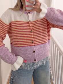 Just Masa Women's Fall Winter Casual Y2K Contrast Stripe Sweater,Ruffle Balloon Sleeve Button Up Sweater Cardigan,For Daily Wear,Going Out,Christmas - Pink - View 6