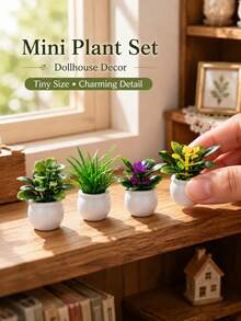 Mini Artificial Potted Plant, Resin Bonsai Faux Greenery In Square Planter, 3.5cm Miniature Plant Ornament For Office Desk, Home Decor, Bedside Table, Shelf, Dorm Room, Living Room & Small Space Decoration - Default - View 2