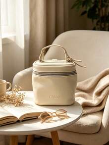 Chloé Cream White Faux Leather Vanity Makeup Case, Embossed CHLOE Logo Portable Handheld Travel Cosmetic Organizer Box Large Capacity Waterproof Toiletry Bag Luxury Gift For Women CHLOE-GIFT-20 - Off-white - View 2
