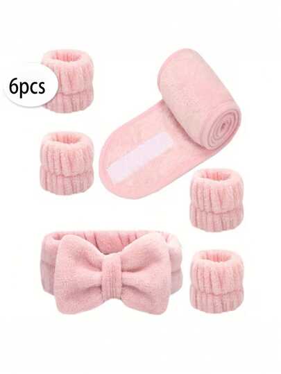6-Piece Facial Headband And Wristband Set, Suitable For Spa, Makeup, And Skincare Washing, Valentine's Day Gift, Best Gift For Women, Convenient Travel, Home Use, Wedding Gift