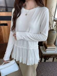 Kaos Lengan Panjang Model Balet Terbaru Musim Gugur dengan Hiasan Renda di Bagian Bawah, Atasan Dasar yang Melangsingkan untuk Wanita - Putih - View 3
