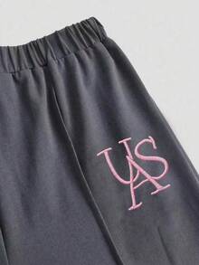 Young Girl Letter Print Crew Neck Long Sleeve Top And Flared Pants - Dark Grey - View 5