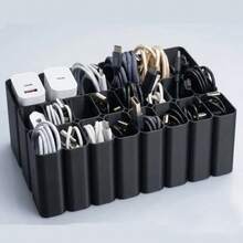 11/22 Grid Heavy Duty USB Cable Storage Box Tray, Desktop Cable Organizer, Suitable For Wires, Chargers And Adapters, Office Desk Accessories Storage Box, Plastic Drawer Style Electronic Accessories Divided Storage Box, Home Office Desktop Storage - Black - View 3