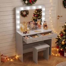 Jooli H Dressing Table Set With LED Lights Mirror, Vanity Makeup Table 2 Large Drawers And Stool, Grey - Silver Gray - View 11
