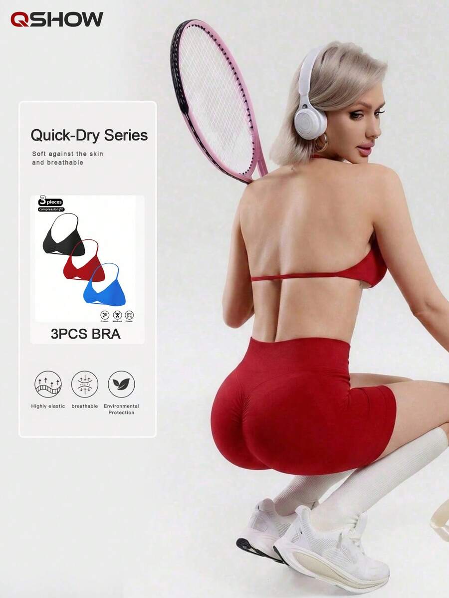 3pcs Women's Seamless Solid Color Pleated Racerback Sports Bra Strapless Bralette Fall - Multicolor - View 1