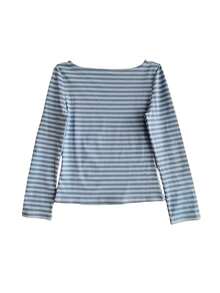 Kaos Lengan Panjang Bergaris Colorblock Serbaguna untuk Wanita, Atasan Pas Badan yang Melangsingkan untuk Musim Gugur - Biru - View 2