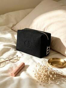 Black Textured Linen Embossed CD Logo Makeup Bag, Gold Zipper Large Cosmetic Storage Pouch, Portable Travel Beauty Organizer Elegant Gift For Women DIOR-GIFT-137 - Black - View 7