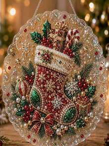 Christmas Pearl Diamond Painting Suncatcher Set, DIY Handmade | Pre-Assembled Metal Chain, Acrylic Round Plate With Lace Edge, 3D Mixed Size Pearl Beads, Holiday Window Wall Decor - A - View 14