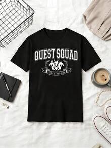 Women Retro Y2K Quest Squad Three Head Dragon Ridoc's Version Vintage Letter Printed Short Sleeve Black Cotton Book Fan Tee - 黑色 - 查看 1